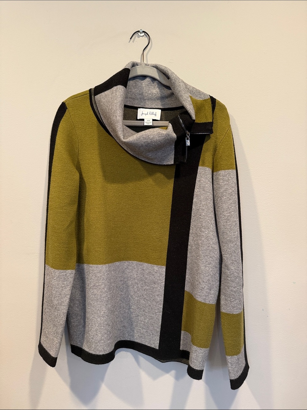 Joseph Ribkoff Asymmetrical Zip Cowl Neck Colorblock Sweater M